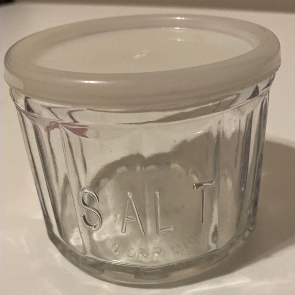 FIRE KING Clear Glass Salt cellar Container with Lid anchor hocking Vintage NICE